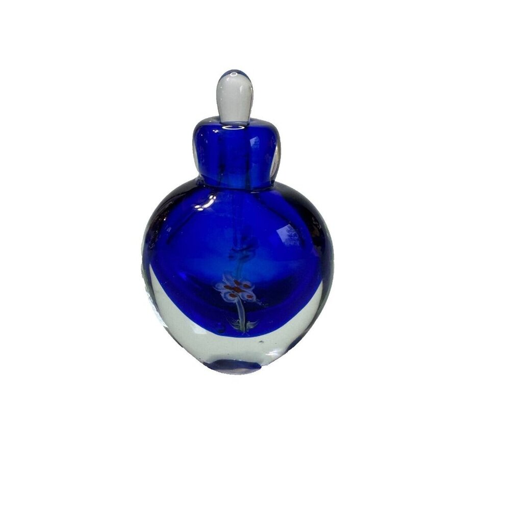 Vintage Cobalt Blue Millefiori Fower Perfume Bottle Art Glass with Stopper Empty - Picture 2 of 13